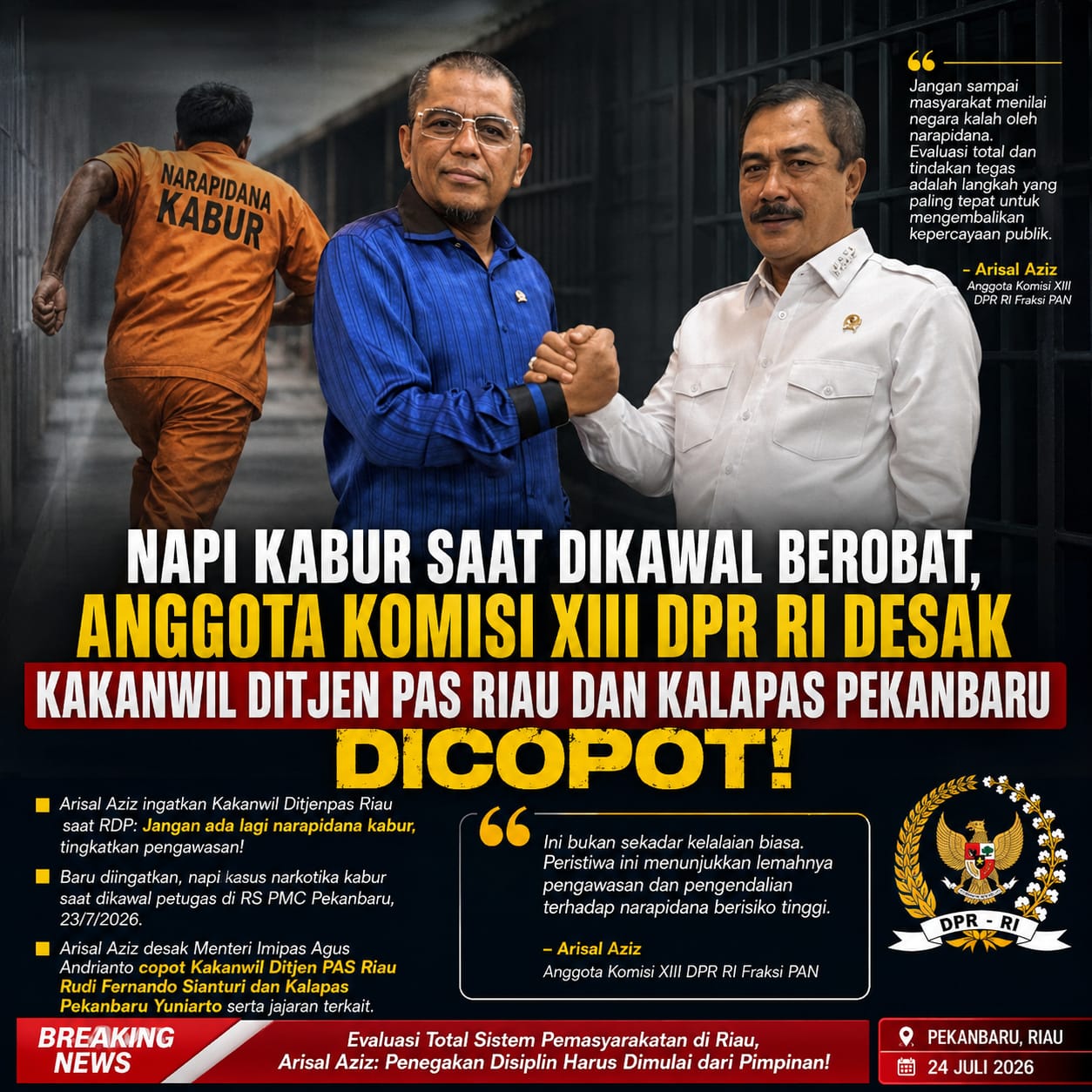 Napi Kasus Narkoba Izin Berobat Kabur, Arisal Aziz Minta Menteri Imipas Copot Kakanwil Ditjenpas Riau dan Kalapas Kelas IIA Pekanbaru